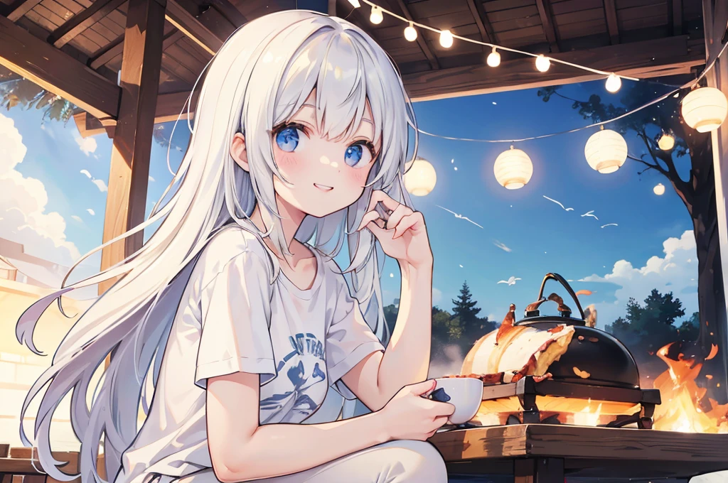 Photorealistic、Highest quality、Highest Resolution、Highest quality、8K、1人のBeautiful woman、Beautiful woman、Beautiful woman、White T-shirt、skinny pants、jeans、camp場、camp、BBQ、looks fun、Smile