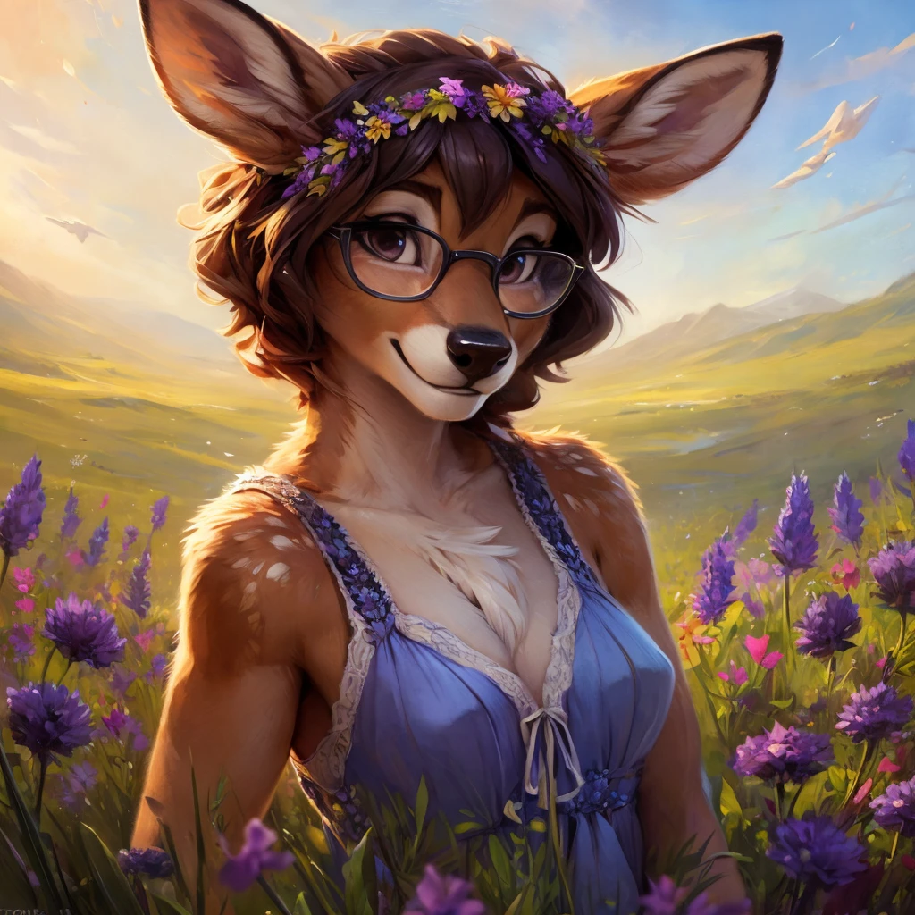 uploaded on e621, watercolor look, by Pixelsketcher, by Bayard Wu, by Thomas Benjamin Kennington , by Einshelm, by hioshiru and kenket, Chunie, portrait, solo anthro female deer doe, with small featureless breasts, clear dark blue, cinematic lighting, day, sunny day, lavender field, stays in a wildflowers field, wildflowers field background, mediterranean background, horizon background, shiny, short curly dark brown hair, wearing big black nerd glasses, very very beautiful furry art, furry art, smiling, joyful, shiny, happy, feminine, cute face, muzzle, fluffy chest, flawless face, Fallow deer, 1girl, Sakimichan is beautiful, Masterpiece, Wavethesallow Face, shiny, Detailed image, portrait, Detailed image, portrait, full body, wearing pure white short spaghetti straps dress, wearing a wildflowers wreath, shiny, realistic face, perfect anatomy, hourglass body, (furry body:1.1), anthropomorphic deer, looks at the viewer, small fluffy tail, detailed background, (cute anatomy:1.1), stands in a wildflowers field, wildflowers in hair
