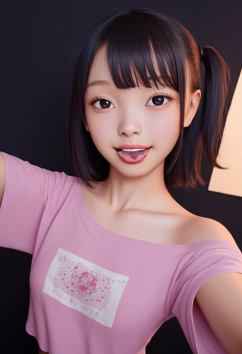 ollarbone,pink t-shirt,off-shoulder look,bare shoulder,midriff peek,micro shorts,open mouth,tongue out,cum on tongue,standing,Selfie,looking ahead,from above,flont view,upper body,(1girl,Beautiful 14 year old girl),((Slender,Small breasts,Small face,)),looking at viewer,Black Hair,bangs,one side up,Beautiful and detailed,Mischievous smile,Dimly lit room,Simple Background,Black background,Low lighting
