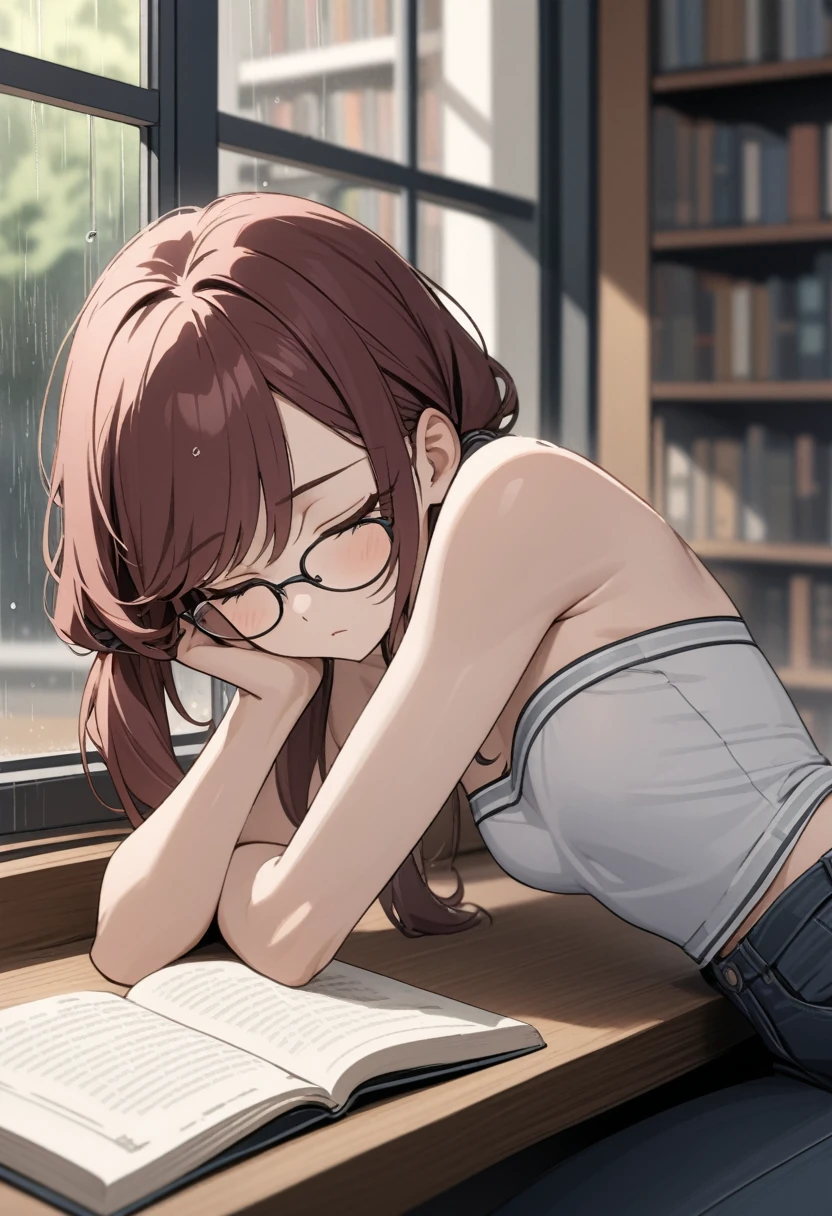 ((Best quality, masterpiece)), one young woman sleeping with head on open book, eyelashes, close up, beside window, rain falling outside, gray strapless shirt with white trim, black jeans, gray eyes, glasses, swept bangs, low twin tails, dark red hair, stoic, hand on own face, very tired expression, library, sitting on chair in front of table, depth of field, blurred background, light particles, small breasts, (toned arms), (particles:1.1), bent over pov, from side