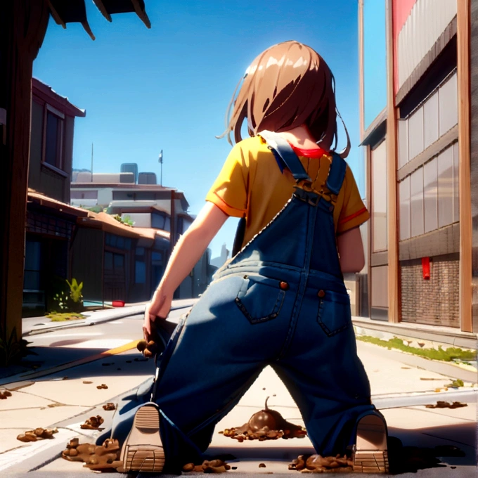 girl poop in overalls ((poop in overalls)) Her overalls is covered with shit. ((overalls is covered with poop))