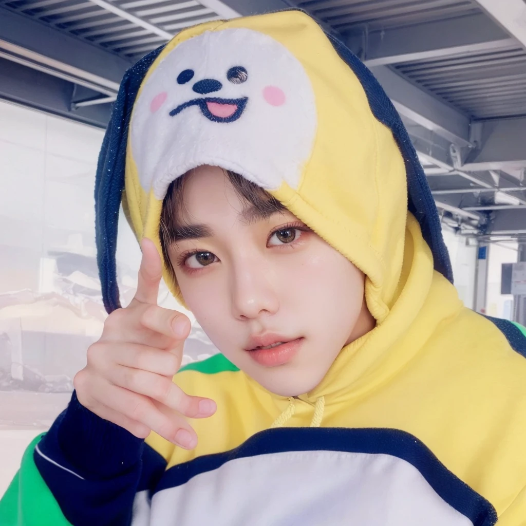Araffe wearing a yellow and black hoodie and pointing his finger, Jimin, park Jimin, accurate Jimin face, Jungkook, Jimin\the full lips, adorable and pale korean face, bt 2 1, bt21, Jimin\the right eyelid is swollen, Kim Doyoung, Tae June Kim, he looks like a human servant, hyung tae