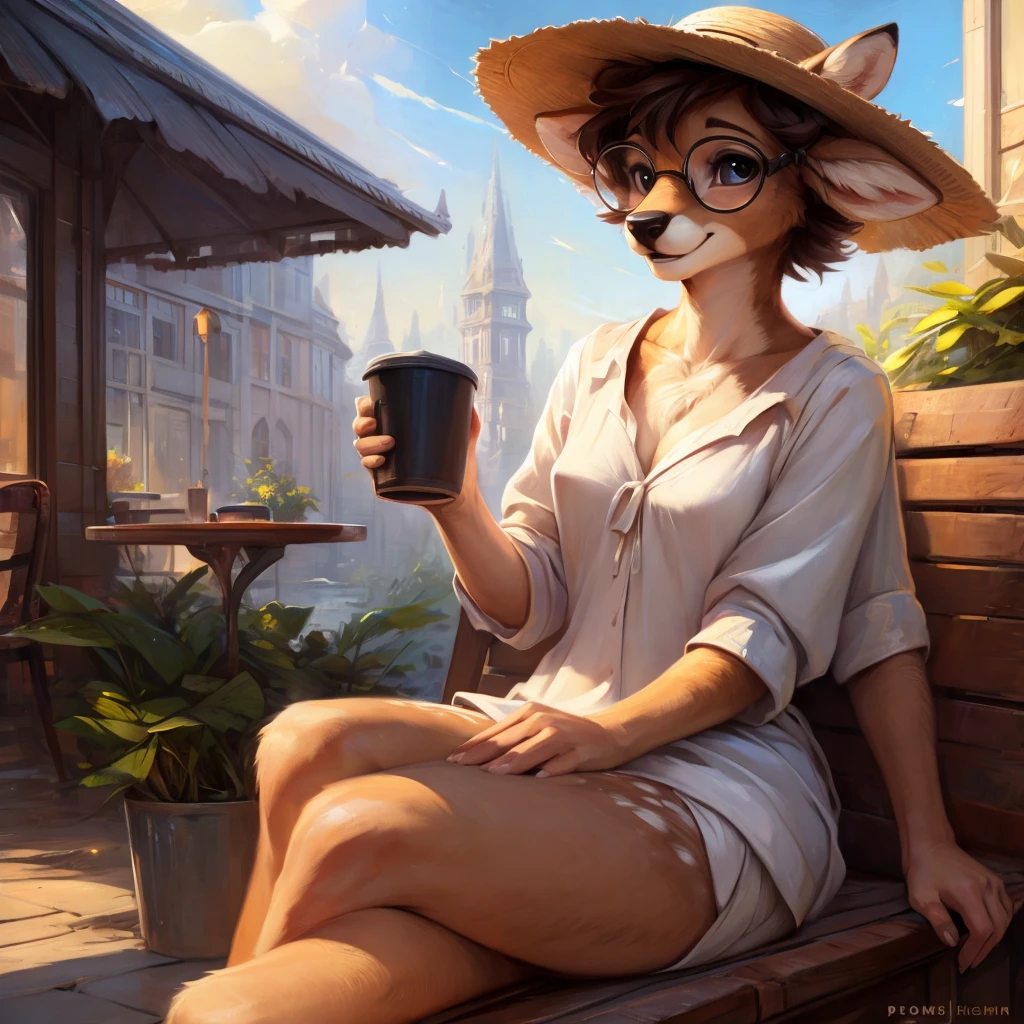 uploaded on e621, by Pixelsketcher, by Bayard Wu, by Thomas Benjamin Kennington , by Einshelm, by hioshiru and kenket, Chunie, portrait, solo anthro female deer doe, tiny featureless breasts, tiny breasts, clear dark blue, cinematic lighting, day, sunny day, sitting outside at a café, café background, french background, old french background, shiny, short curly dark brown hair, short hair, wears big black nerd glasses, very very beautiful furry art, furry art, thoughtful, shiny, feminine, cute face, muzzle, fluffy chest, flawless face, Fallow deer, 1girl, Sakimichan is beautiful, Masterpiece, Wavethesallow Face, shiny, Detailed image, portrait, Detailed image, portrait, wears pure white wide, big blouse, wears beige summer straw hat, shiny, realistic face, perfect anatomy, hourglass body, anthropomorphic deer, happy, very happy, small ears, huge black nerd glasses, wide happy eyes, look at viewer, smiles, big smile, holds big cup of coffee, hourglass body, (furry body:1.1), anthropomorphic deer, small fluffy tail, detailed background, (cute anatomy:1.1), looks into the distance
