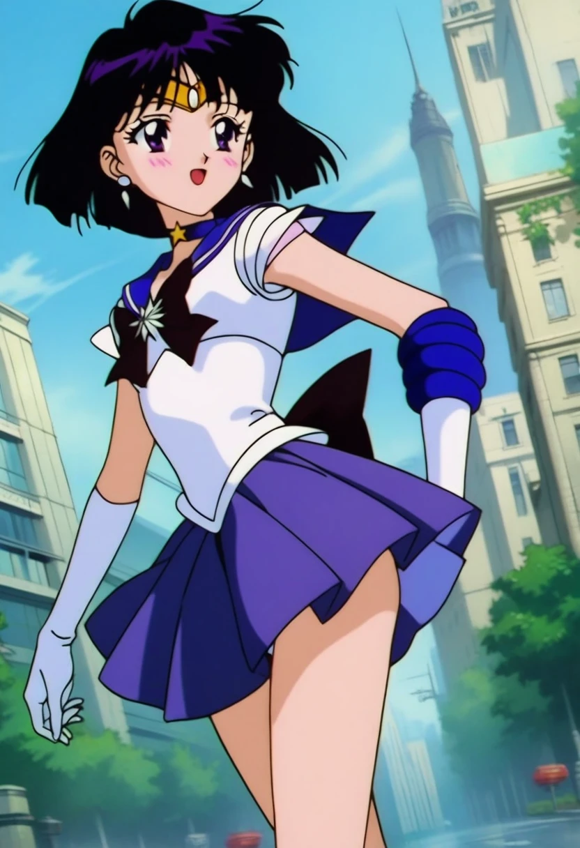 masterpiece, best quality, very aesthetic, absurdres, Sailor Saturn XL, 1990s \(style\), anime artwork, anime style, perfect face, perfect composition, moist skin, intricate details, beautiful detailed eyes, BREAK 1girl, solo, teen, short hair, black hair, purple eyes, flat chest, skinny, sailor senshi uniform, purple sailor collar, tiara, earrings, jewelry, star choker, star brooch, bowtie, back bow, white elbow gloves, purple miniskirt, shiny clothes, BREAK looking away, smile, blush, open mouth, (model pose:1.1), cameltoe, white leotard, (pantyshot:1.2), wind lift, outdoors, city, wind, dutch angle,