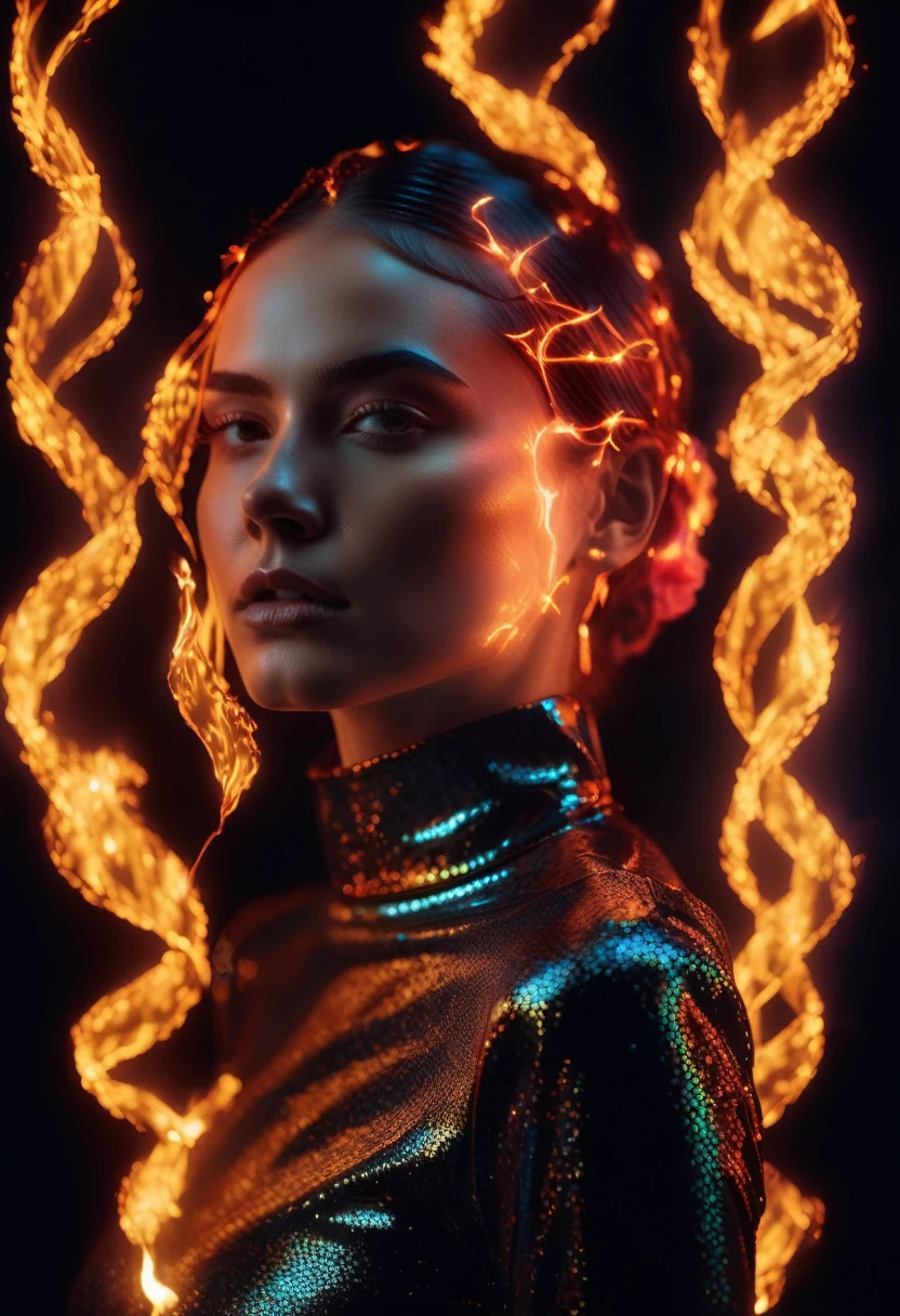 a woman with a neon rose on fire, flawless skin, whimsical photography style, photo captured by an Arriflex 35BL camera using Canon K25 prime lenses, cinematic, dramatic lighting, ultra clear, breathtaking surreal masterpiece. sensual pose