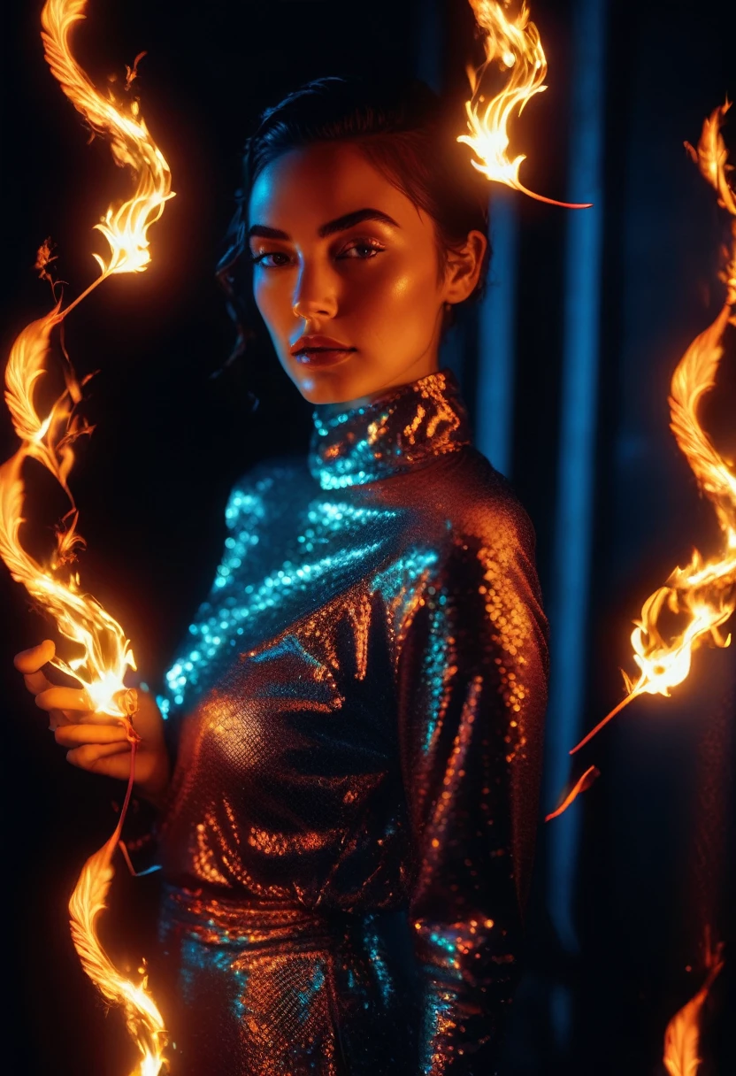 a woman with a neon rose on fire, flawless skin, whimsical photography style, photo captured by an Arriflex 35BL camera using Canon K25 prime lenses, cinematic, dramatic lighting, ultra clear, breathtaking surreal masterpiece. sensual pose