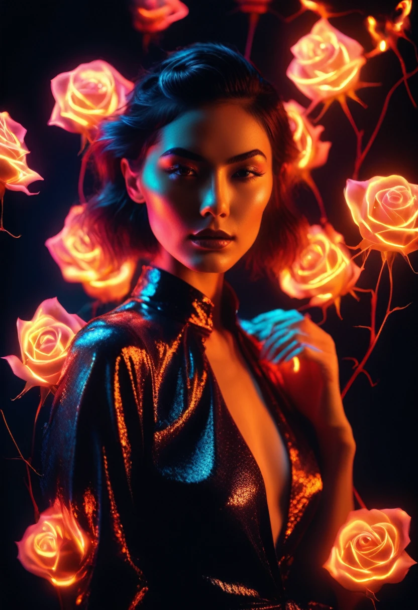 a woman with a neon rose on fire, flawless skin, whimsical photography style, photo captured by an Arriflex 35BL camera using Canon K25 prime lenses, cinematic, dramatic lighting, ultra clear, breathtaking surreal masterpiece. sensual pose