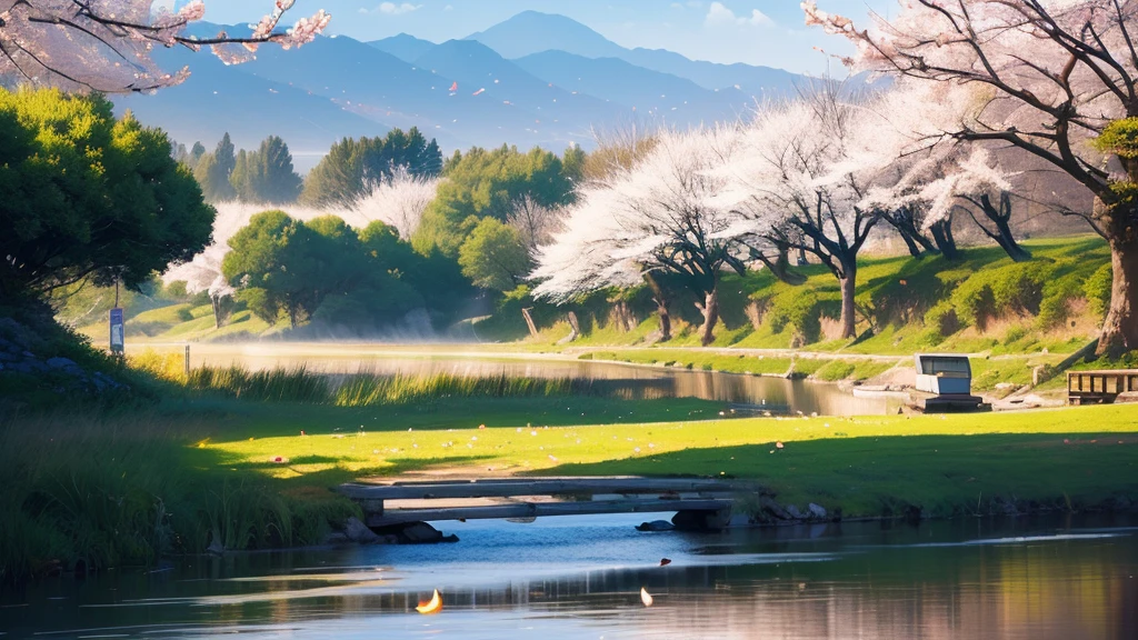 Peach blossom trees rising beside the river, Chinese style, Peach blossoms scattered in the middle of the screen, distant view ((background:1.8))