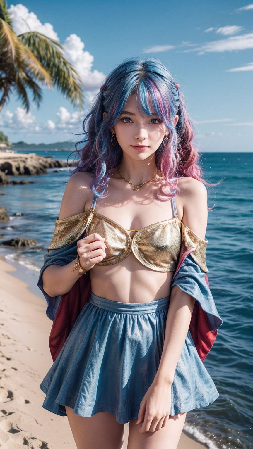 1 girl, (Rainbow Hair, Colorful hair, half blue and half pink hair: 1.2), , blue_Sky, Holding a magic wand, summer (Oceansexist), petal_exist_liquid, Black cape with hood, Red and black tattered dress, skirt: 1.2, (gold lexistg curly hair: 1.5), Sky, outdoor, cloud, 刘Ocean, Smile, Sky blue eyes, Bare shoulders, Perfect hands, Card Details, Repair finger. earrings, Ocean + background, Watching_exist_Viewer, Cowboy shooting, Top quality, Rich details, Perfect image quality, sunrise