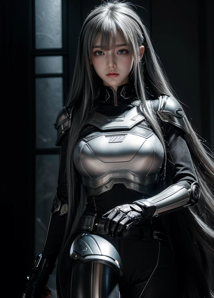 cyber angel,machine wing,{{Sci-Fi Armor}},cyber suit,cyberpunk,science fiction,cyber battle armor,Battledress,Military Uniforms,pants,black military uniform,whole body,Height: 168cm,almond shape eyes,{{{{{silver eyes}}}}},{{{{{dull bangs}}}}},(slanted eyes},{{whole body},{{{1 girl}}}, long hair, straight hair,{{{{silver hair}}}},{{{tsurime}}},30 years old,{Medium chest},{{bush}},silver eyes,{{{masterpiece}}}, {{{highest quality}}}, {{Super detailed}}, {shape}, {{very delicate and beautiful}},very detailed,detailed perfect,detailed hyper,Abundant thighs,big ass,black clothes