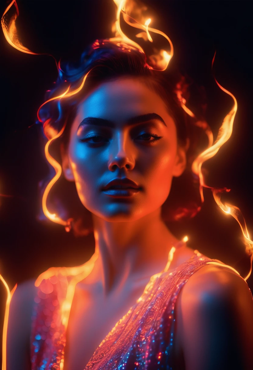 a woman with a neon rose on fire, flawless skin, whimsical photography style, photo captured by an Arriflex 35BL camera using Canon K25 prime lenses, cinematic, dramatic lighting, ultra clear, breathtaking surreal masterpiece. sensual pose