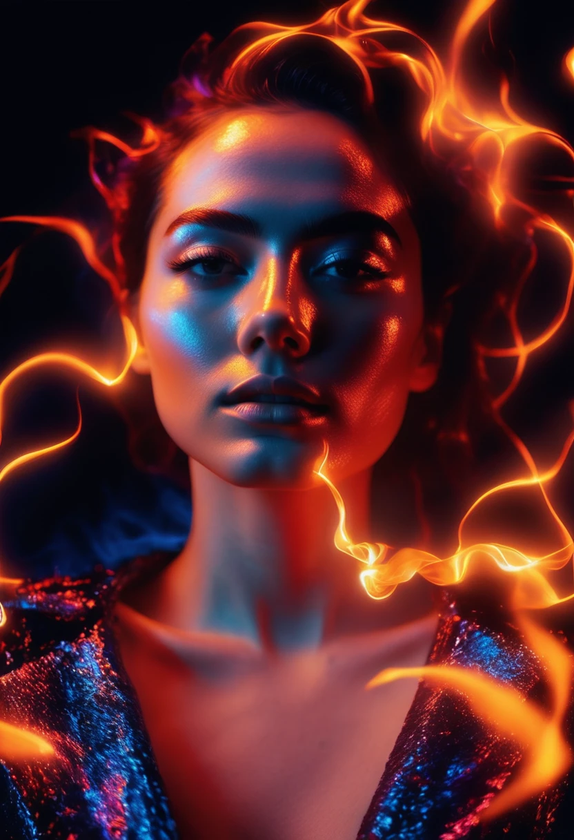 a woman with a neon rose on fire, flawless skin, whimsical photography style, photo captured by an Arriflex 35BL camera using Canon K25 prime lenses, cinematic, dramatic lighting, ultra clear, breathtaking surreal masterpiece. sensual pose