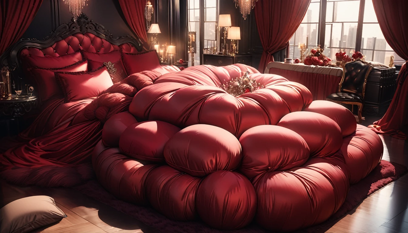 A fluffy red silk feather duvet, many huge silk body pillows, a luxurious and fluffy red silk bed, red silk sheets, 8k, best quality, high detailed, photorealistic, dramatic lighting, warm tones, luxurious, soft, plush, velvet, satin, velvety textures, elegant, sophisticated, premium, lavish, opulent, sumptuous, indulgent, exquisite, refined, lush,
