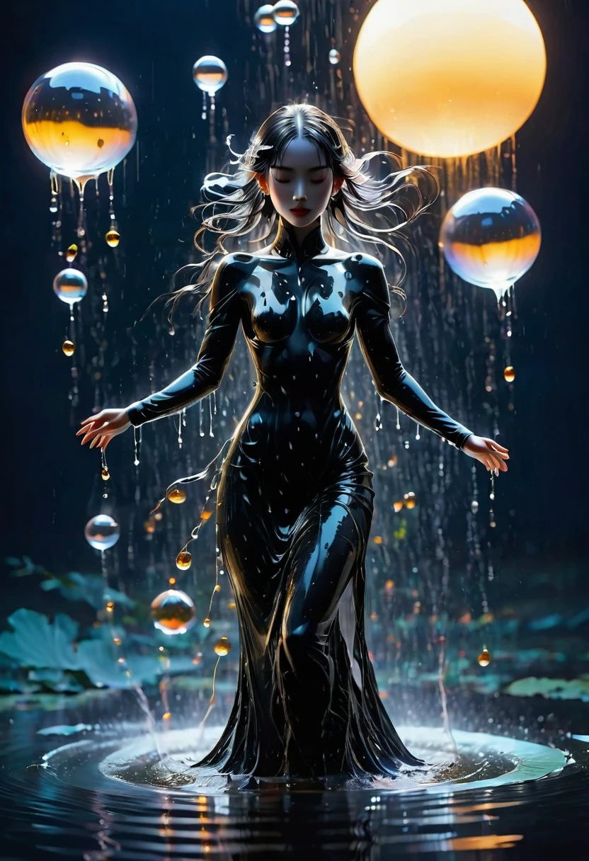 heavy rain，Rain splash，In the middle of the lake, Mysterious female black silhouette in the middle of the night, Surrounded by glowing spheres, Summoners dance to appease the spirits of the dead. Ceremonial canvas clothing. Sensual. Multiple magic arrays. Dynamic dance. Water Lily. Colorful palette.