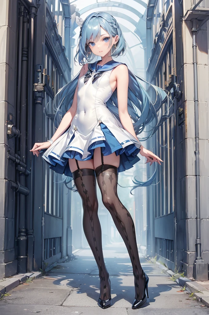 ((Biologically correct limb count)),(( From head to toe,Full-body photo including face)),4K,((Standing position)),masterpiece,((Focus on the face)),((Symmetrical facial features)),Eyes with detailed description,Beautiful woman,Great style,Beautiful arms,Beautiful legs,Beautiful Hands,(Small Ass,Thin thighs),Facial detailing,Small earrings,necklace,(Rubber Sailor Suit,mini skirt((High heels,Patterned stockings))),((Meeting at the school gate)),Silk gloves,(((Short blue-blonde hair))),Realistic photo