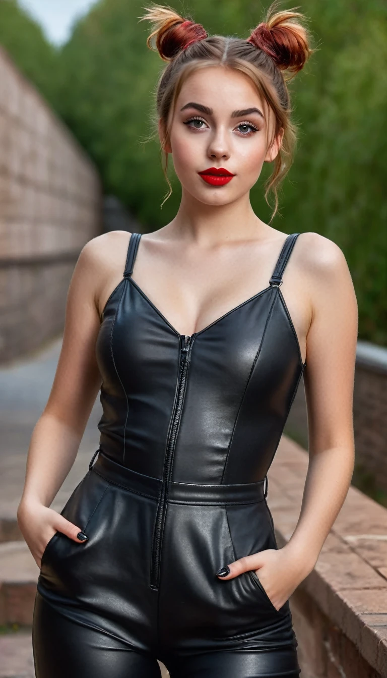 ultrarealistic high quality fullbody photo of a beautiful busty slim european teen girl with cute hyperdetailed shy face and natural redhead short messy bun and mischievous face, realistic round hazel eyes, red lips, dark eye makeup with eyeliner, wearing bodycon black faux leather jumpsuit, hourglass body, outdoor shooting