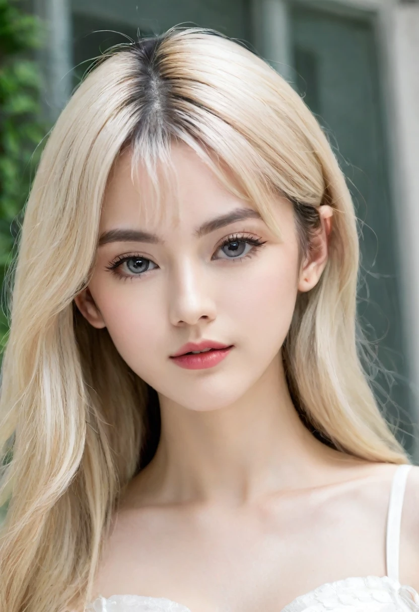 （（（European Caucasian Woman）））、（（（Mary, 18 years old）））、one person、（Thin contours、Grey Eye:1.5）、（Thin contours）、Big Breasts、Narrow waist、（（（White and translucent skin:1.3）））、Beautiful, shiny blonde medium-long hair、8-head-tall model style、Waist-down angle、Tokyo city、