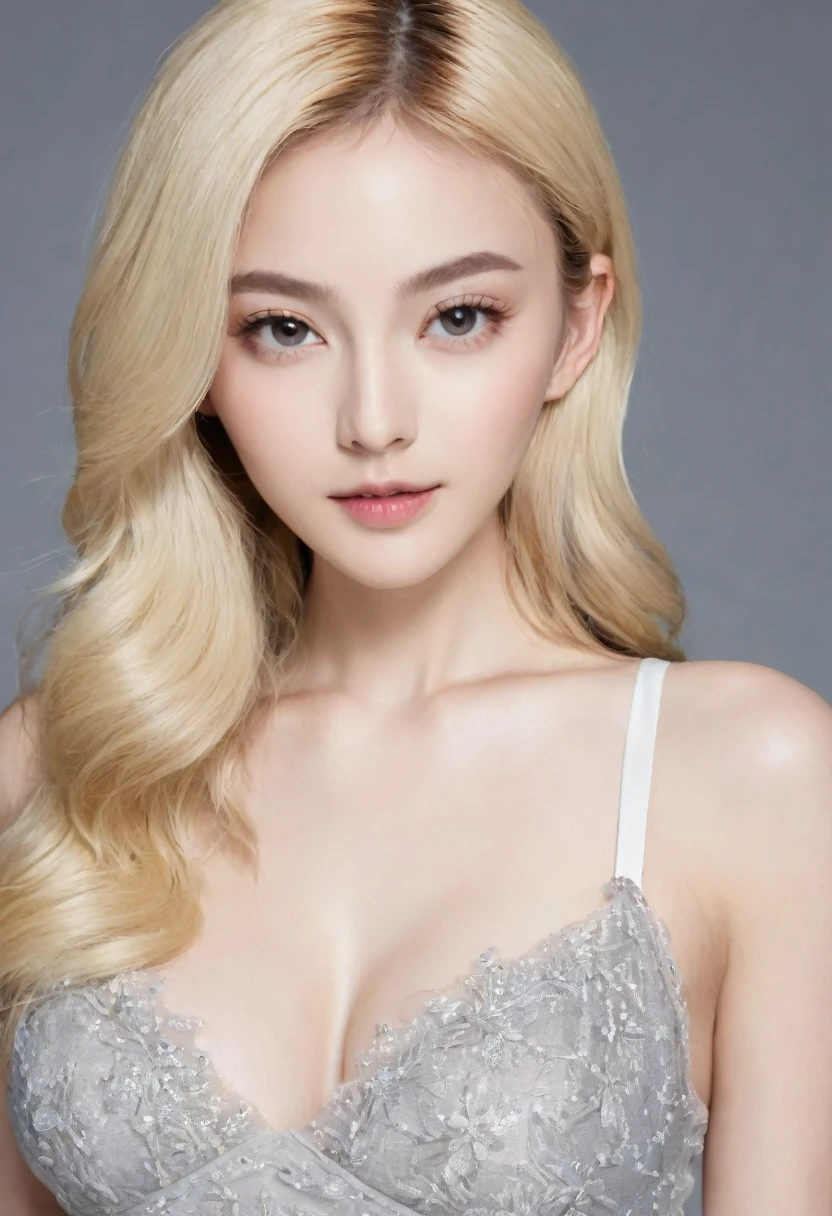 （（（European Caucasian Woman）））、（（（Mary, 18 years old）））、one person、（Thin contours、Grey Eye:1.5）、（Thin contours）、Big Breasts、Narrow waist、（（（White and translucent skin:1.3）））、Beautiful, shiny blonde medium-long hair、8-head-tall model style、Waist-down angle、Tokyo city、