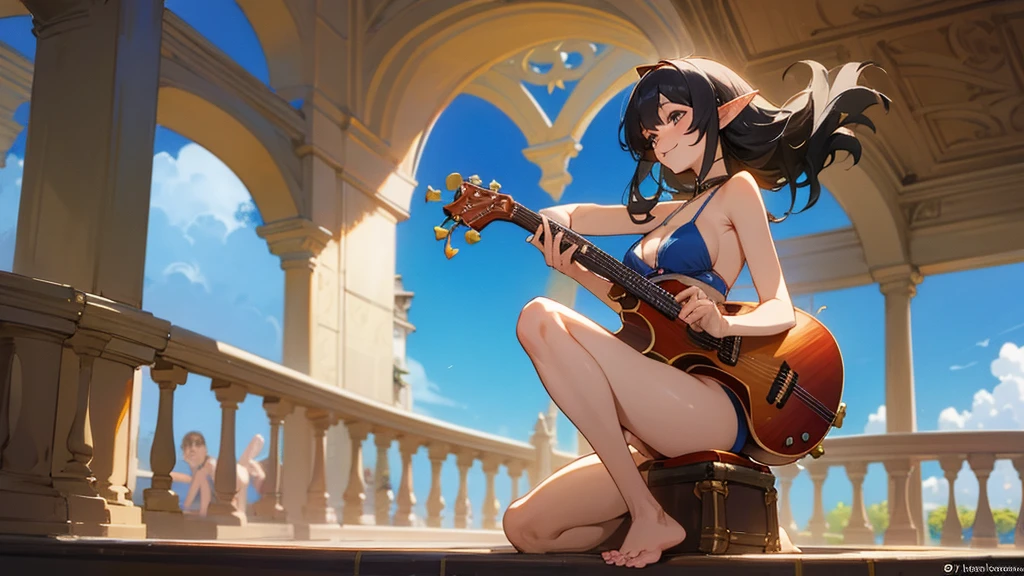 Anime Style,Swimsuit Detailed background,Magical World,A lively balcony with many people,A beautiful elf bard with black hair and a smile,guitar,Big cleavage,Healthy thighs,Underarm,Barefoot
