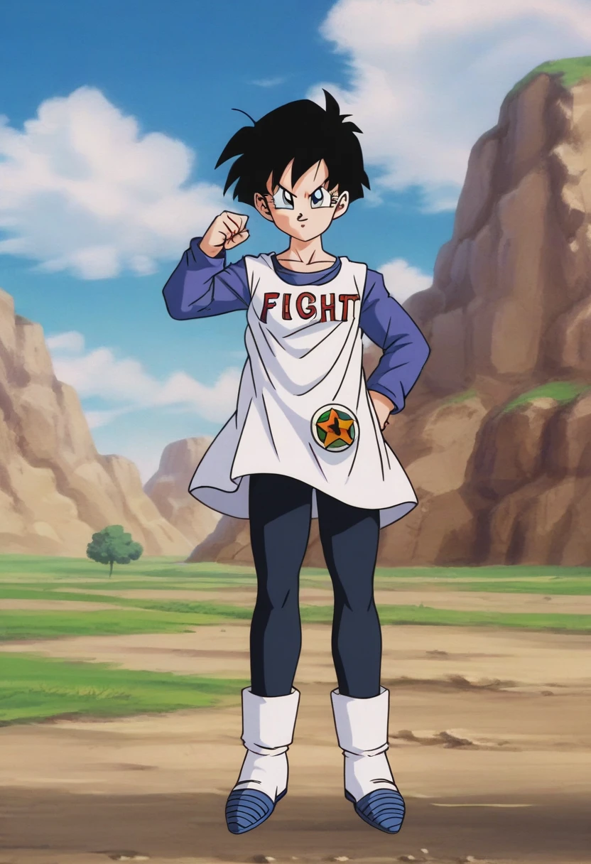 source_anime, score_9, score_8_up, score_7_up, anime screencap,8k, absurd res,
videl, 1girl, solo, looking at viewer, short hair, blue eyes, shirt, black hair, long sleeves, boots, outdoors, sky, day, cloud, blue sky, clothes writing, yellow dress, white footwear, text print, spiked hair, v-shaped eyebrows, from below, dress over shirt, clenched hands, blue shirt, black tights, print dress, midair, floating,