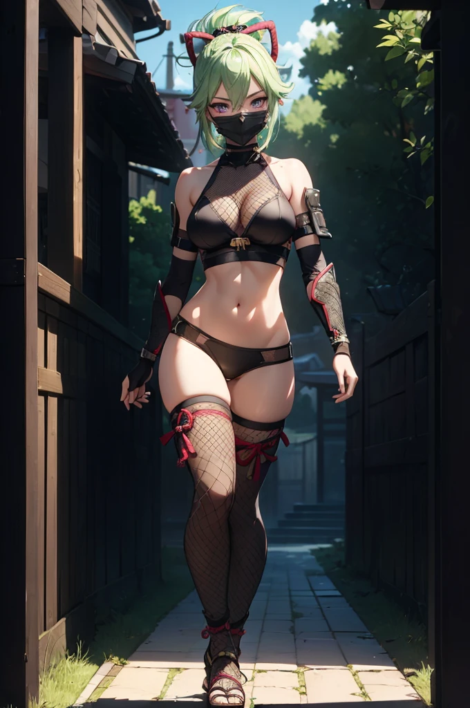 ((1girl, solo)), (((cowboy shot))), (legs apart:1.5), (large breasts:1.5), beautiful body, (perfect anatomy, perfect body, perfect hands, perfect legs), natural proportions, sexy body, (full body, full-body shot, full body front:1.5) BREAK
((extremely detailed face)), (beautiful detailed eyes:1.6), (realistic pupils, realistic iris:1), expressive eyes, looking at viewer, (clear eyes:1.3), (hyperrealistic:1.2), (detailed skin texture:1.2), smooth skin, kuki shinobu, purple eyes, green hair, ((mouth mask)), ninja mask, perfect face, perfect eyes BREAK
ninja, (fishnet top:1.5), (crop top:1.5), cleavage, (bare shoulder), elbow gloves, (arm guard:1.3), partially fingerless gloves, midriff, black panties, ((black thighhighs)), (((greaves))), sandals, (revealing clothes:1.5), (samurai armor:1.5), thighs, ass visible through thighs, ((thigh gap)), tassel, shimenawa, skindentation BREAK
outdoor, (day:1.5), (rural japan:1.3), shade of trees, trees, ((bright light)) BREAK
(masterpiece:1.5), anime-style, top quality, best quality, (beautiful and aesthetic:1.2), (ultra detail:1.5), Ultra-detailed depiction, Ultra-precise depiction, extremely detailed 8k illustration, high resolution, (highly detailed shading:1.2), (realistic lighting:1.4), perfect lighting, vibrant colors, dynamic tones, striking hues, 8k, absurd resolution, perfect shadows, hdr, UHD, ambient lighting, realistic, ultra-realistic, photo realistic, highly detailed, rich detail, luminous colors, fine texture, intricate design, professional illustration, (soft light:1.2), (illustration:0.7)