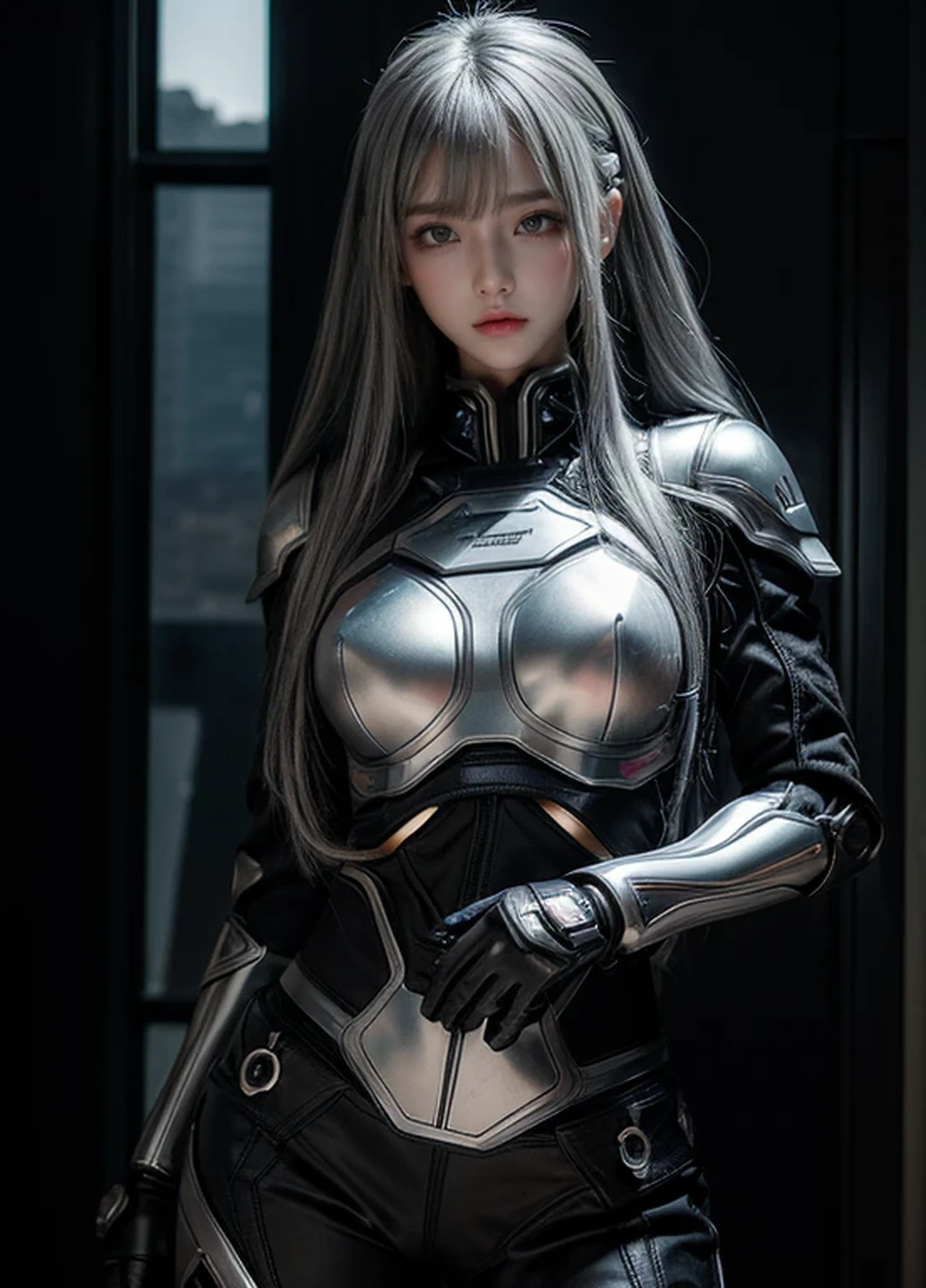 cyber angel,machine wing,{{Sci-Fi Armor}},cyber suit,cyberpunk,science fiction,cyber battle armor,Battledress,Military Uniforms,pants,black military uniform,whole body,Height: 168cm,almond shape eyes,{{{{{silver eyes}}}}},{{{{{dull bangs}}}}},(slanted eyes},{{whole body},{{{1 girl}}}, long hair, straight hair,{{{{silver hair}}}},{{{tsurime}}},30 years old,{Medium chest},{{bush}},silver eyes,{{{masterpiece}}}, {{{highest quality}}}, {{Super detailed}}, {shape}, {{very delicate and beautiful}},very detailed,detailed perfect,detailed hyper,Abundant thighs,big ass,black clothes