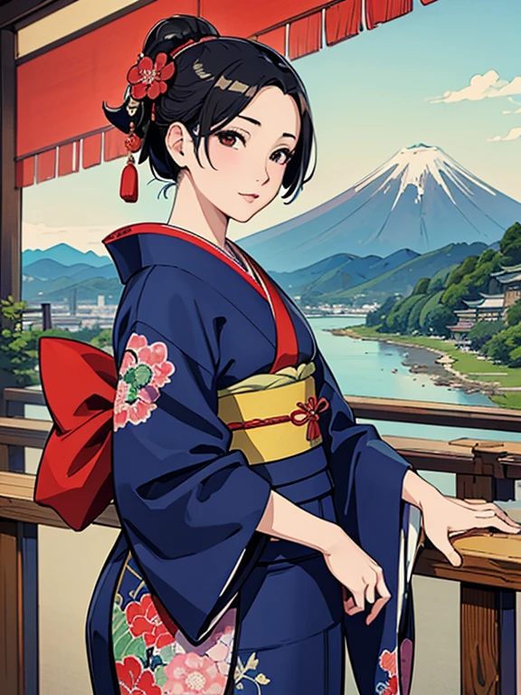 (Highest quality、masterpiece、High resolution、8K)、Vibrant colors、Ukiyo-e、Utamaro、Kimono Beauty、river、Mount Fuji in the distance、Japanese Landscape、Official Art、