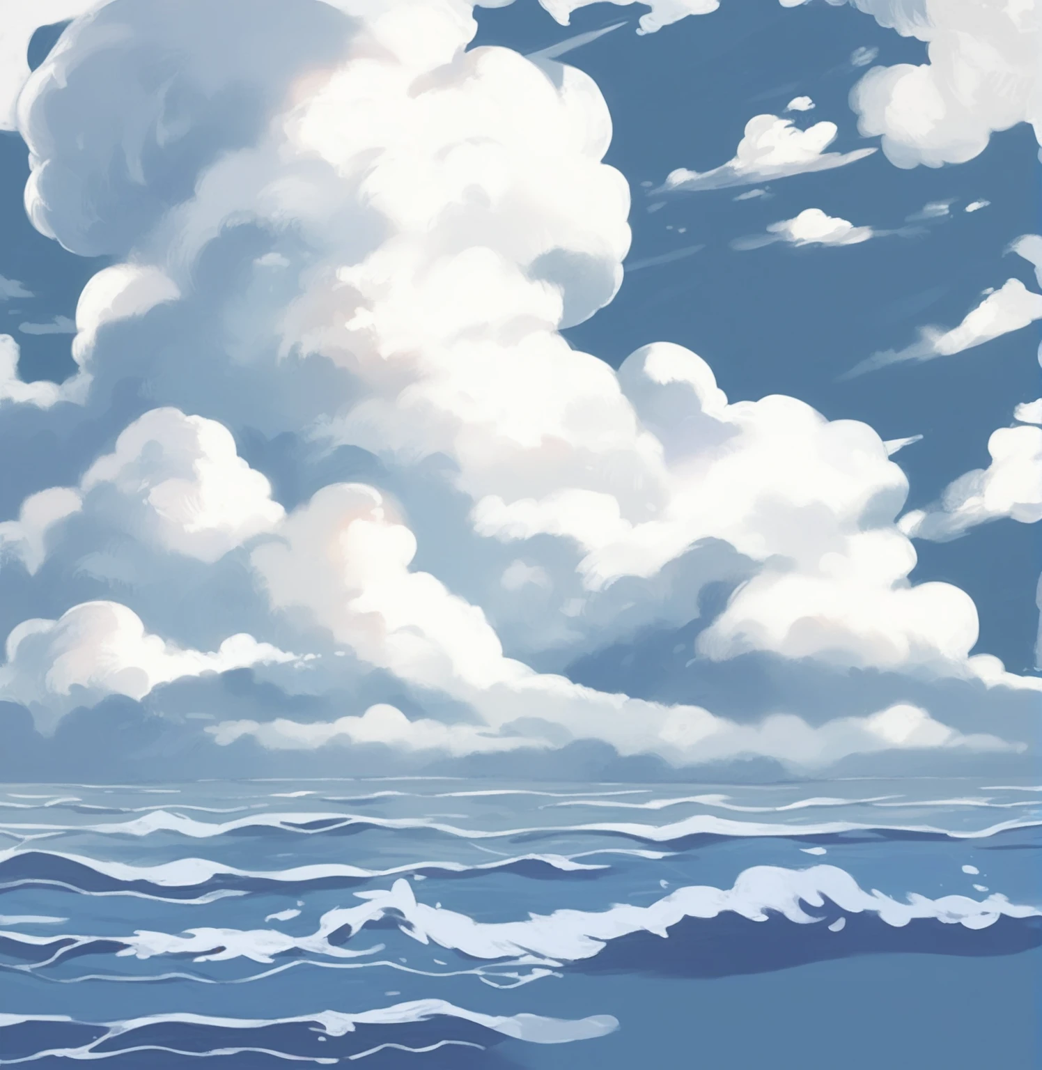 An anime-style beach painting,Cloudy sky,Rough seas, Blue Sea. by Shinkai Makoto, style of Shinkai Makoto, Detailed scenery —width 672, studio glibly Shinkai Makoto, Shinkai Makoto. High Detail, Shinkai Makoto. — 2160 hours, in style of Shinkai Makoto