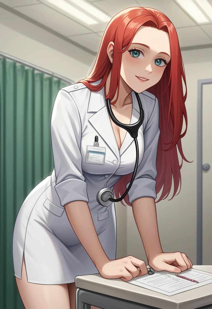 (((HD photo))), ultra high res.photorealistic:. 1.4, UHD, masterpiece, trending on artstation, portrait, full body shot, 1girl, pretty, cute face, most beautiful in the world, cleavage, soft, delicate, (long red hair), perfect figure, (wearing white mini doctor uniform:1.2), leaning over, holding stethoscope:1.4, medical fetish, examination, sunkissed, hospital ward background, nsfw