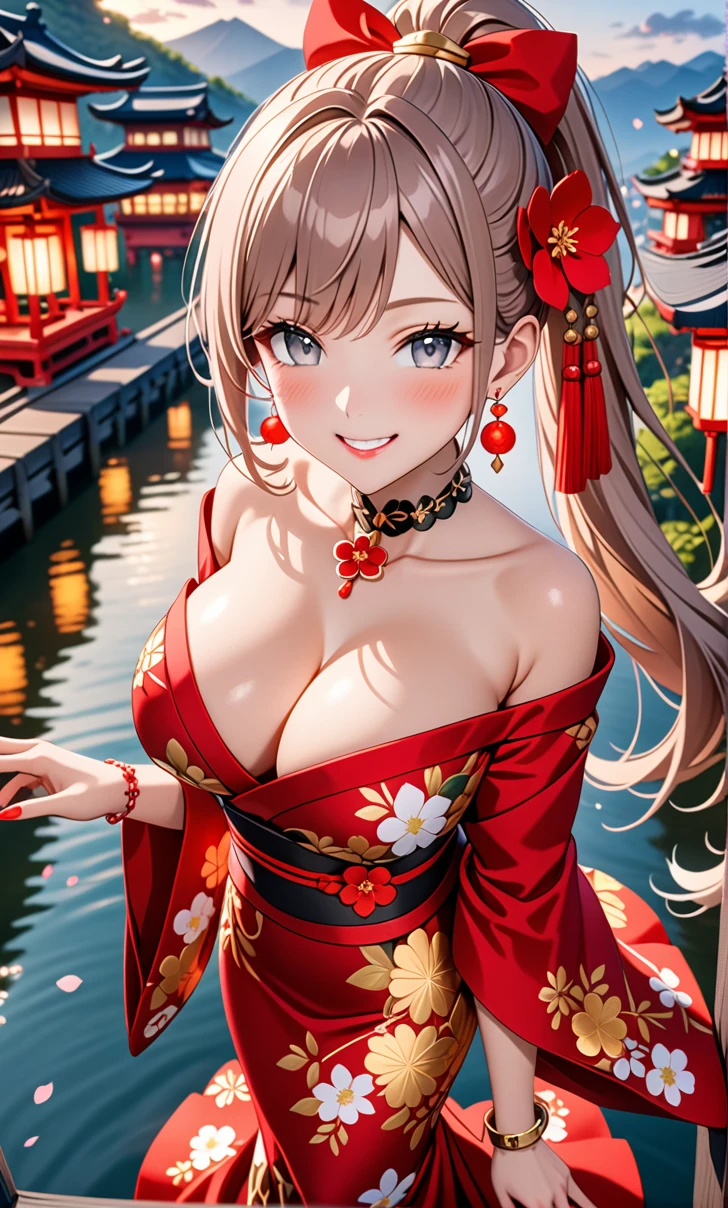 ultra-detailed, ((one girl)), hyper detailed, absurdres, 8K, Beautiful Face, (Laugh shyly), ((teasing smile:1.8)), ((Wink:1.8)), (Laugh with your mouth wide open),(Tilt your head:1.3),(Put your hand over your mouth:1.8), View your viewers, ((Bright red cheeks:1.6)),Glossy Red Lips, ((Big Breasts:1.5)), (valley),night, Large rivers,On Bridge, firework, (Brighten your face), ((Anime style background)),masterpiece, Highest quality, so beautiful,Latest, Complex details, (Pink long nails), (nail art), (ring),(bracelet), (Floral Choker),AI-generated, Complex,High resolution, Highest quality, super high quality,3D Images、3D Images,One person,(White long hair),(High Ponytail), Anime woman posing for a photo, ((Fine grain、Grey Eyes、glowing eyes:1.4)), (Squint your eyes:1.1),a hyperRealistic , hyperRealistic , Realistic,White long hairのアニメ女性, Smooth anime CG art, A girl in a gorgeous kimono with gold embroidery, ((black furisode)),(Red large floral pattern) ,Long flower hair ornament,Floral Earrings,Mature Body, tall,Abdominal muscles,Tight waist, ((learning forword+looking up+from above:1.7))