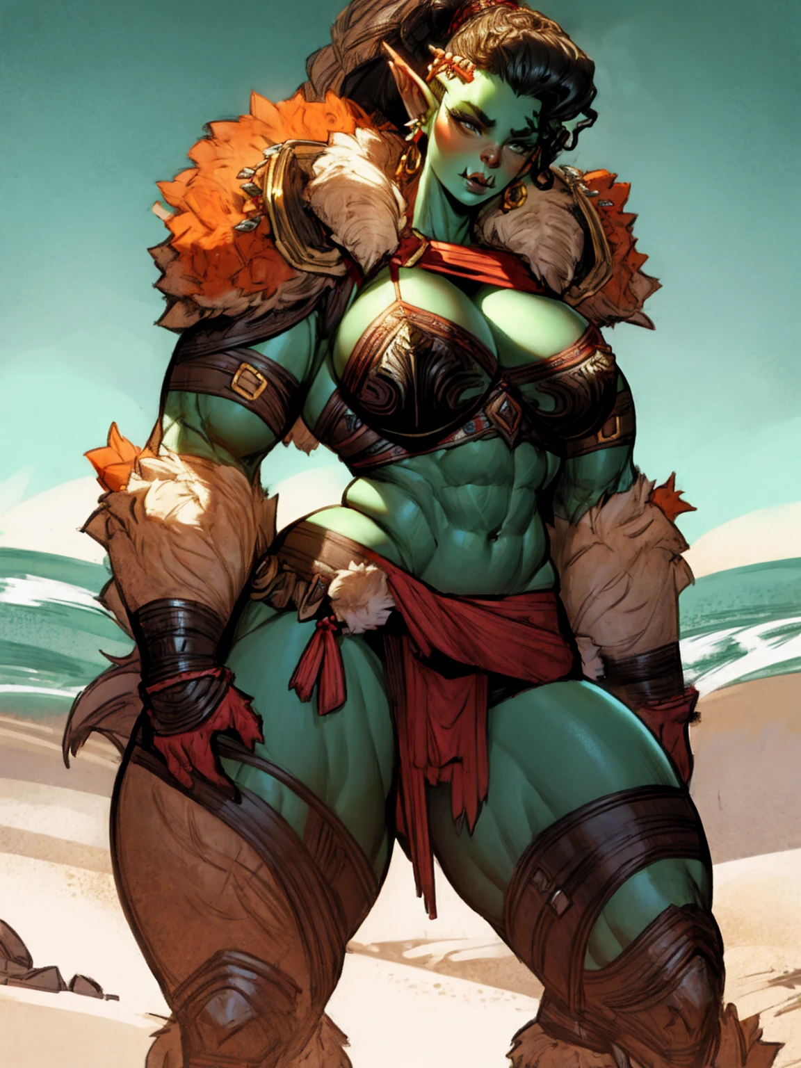 sexy female orc, alone, solo, (ALONE)(SOLO) wearing fur armor, busty, curvy, muscular, bodybuilder, by boris vallejo,