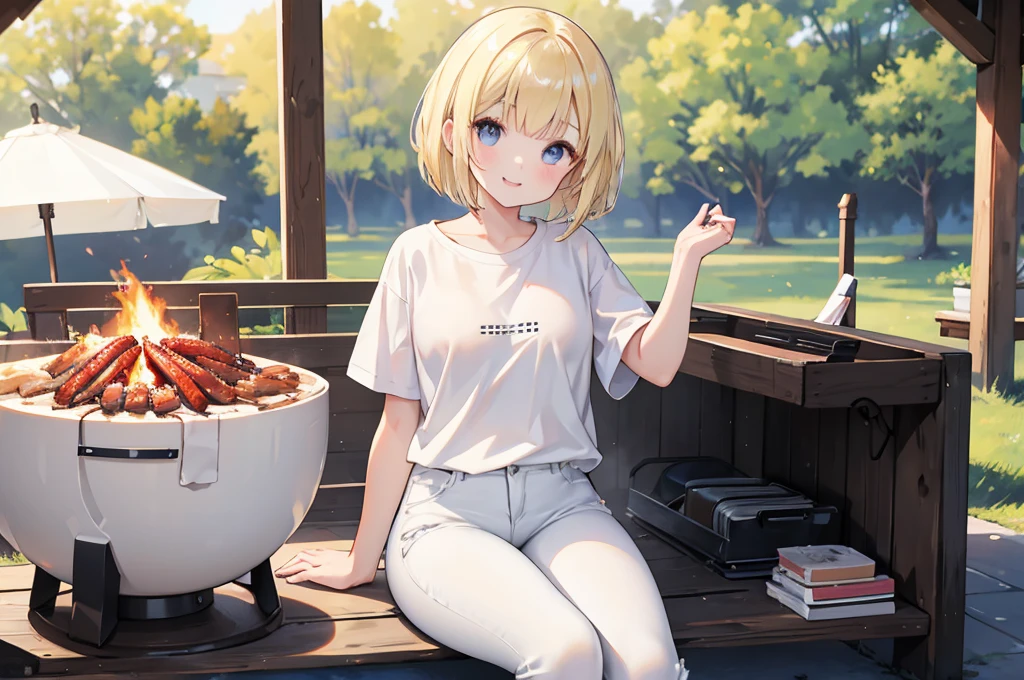Photorealistic、Highest quality、Highest Resolution、Highest quality、8K、1人のBeautiful woman、Beautiful woman、Beautiful woman、Bob Cut Hair、Blonde、White T-shirt、Black skinny pants、Black jeans、camp場、camp、BBQ、looks fun、Smile