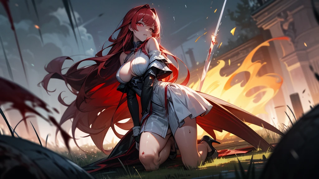 weird atmosphere, (best quality:1.1), (masterpiece:1.2), high quality shadow, beautiful detailed, (high detailed skin, skin details), (wide landscape, 8k), depth of field, highres, best illumination, (y), outdoors, blurry background, HD hair, beautiful face, perfect skin, red hair, long hair, (huge breblood particles, (night), sharp teeth, glowing red eyes, blood on face, blood on clothes, blood splashing, female knight kneel in the war fields, white dress, leavage, stocking, high heels, attack pose, close to viewer, gripping blue flame sword, heavy rain, in the grassland, foggy, wet body, wet hair, hair fluttering, bare shoulder, blue flame
