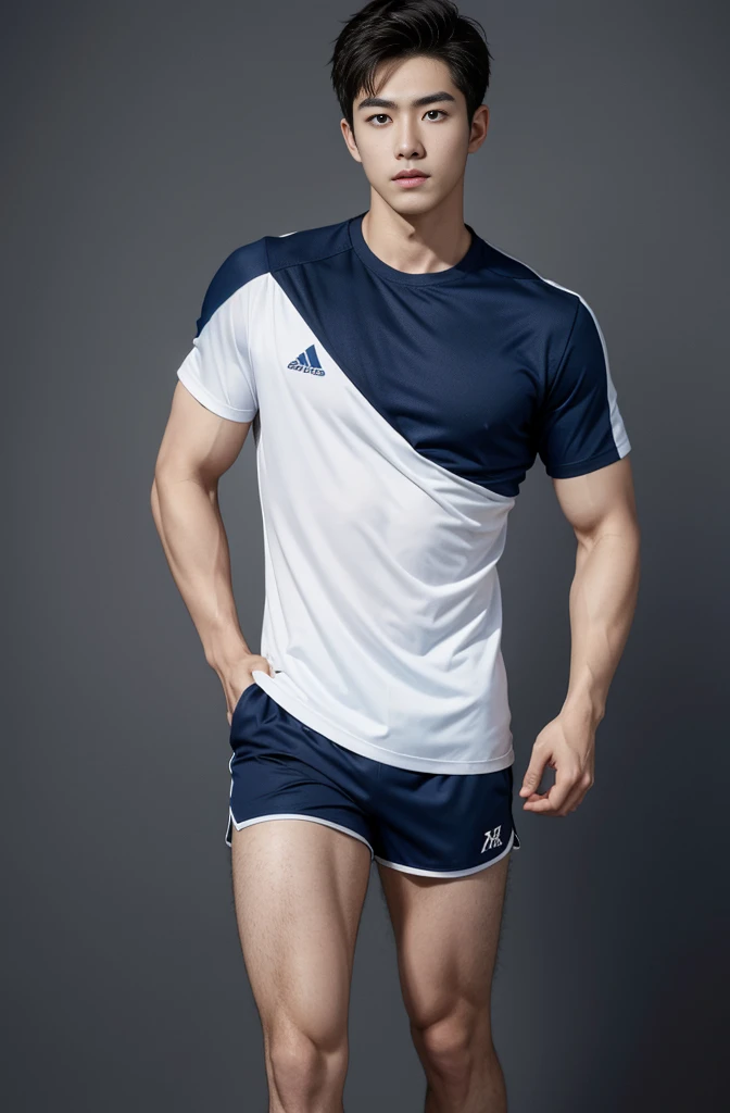 1 handsome Japanese guy,A 27-year-old man wearing a blue shirt and shorts stands against a white background, navy blue, navy blue, Sports T-shirt, blue, Sportswear, Magnificent dark blue clothes, Sportswear, short sleeves, Jinjinshen blue clothes, short young man, Tennis wear, Wearing a track suit, dark blue decorative clothing,Masculine,handsome,High,Muscles look good,hairy body,Wheat complexion,black eyes(thin eyes 1:3),Full body image
