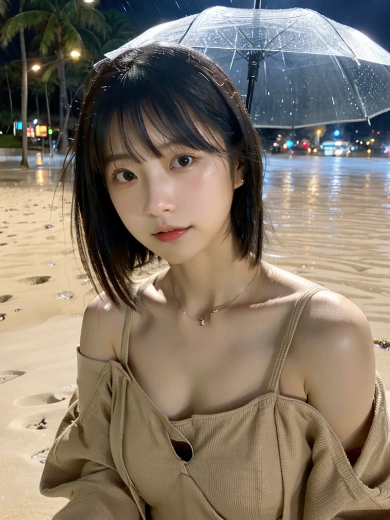 Highest quality,RAW Photos  , 19 year old Japanese female idol, From above , Face Focus , Face close-up ,
Selfie,Lying on the ground, ((Off-the-shoulder tops , Cold shoulder top , clavicle , Expose your shoulders ,Cleavage ,))short hair, Bowl Cut ,Cute face  ,Edgy,Drooping ,clavicle,Muddy water , Overflowing  ,Wet ,Selfie, Pale skin,At the Beach, rain,night, 