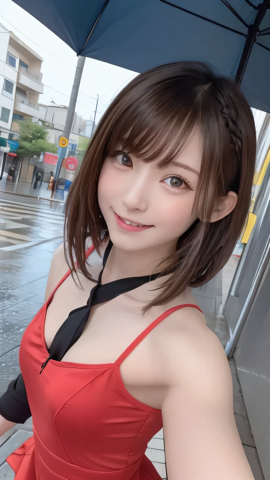Best picture quality (8K, high resolution, Masterpiece: 1.2), super detailed, 215 Short Hair,Three braids long hair, 16-year-old woman,
situation: 傘を使った雨の中のdanceパフォーマンス。dance:1.5 details:
angle: A shot of people dancing while twirling umbrellas, looking up from a low angle。
atmosphere: Raindrops dancing with the movement of the umbrella、Contrast of colorful umbrellas。
background: Wet streets and paved squares。
The thunder danced beside her。Active Pause
, random cute pose ,big eyes ,Puffy eyes , Heart Pupil, blush , huge shy smile , salute