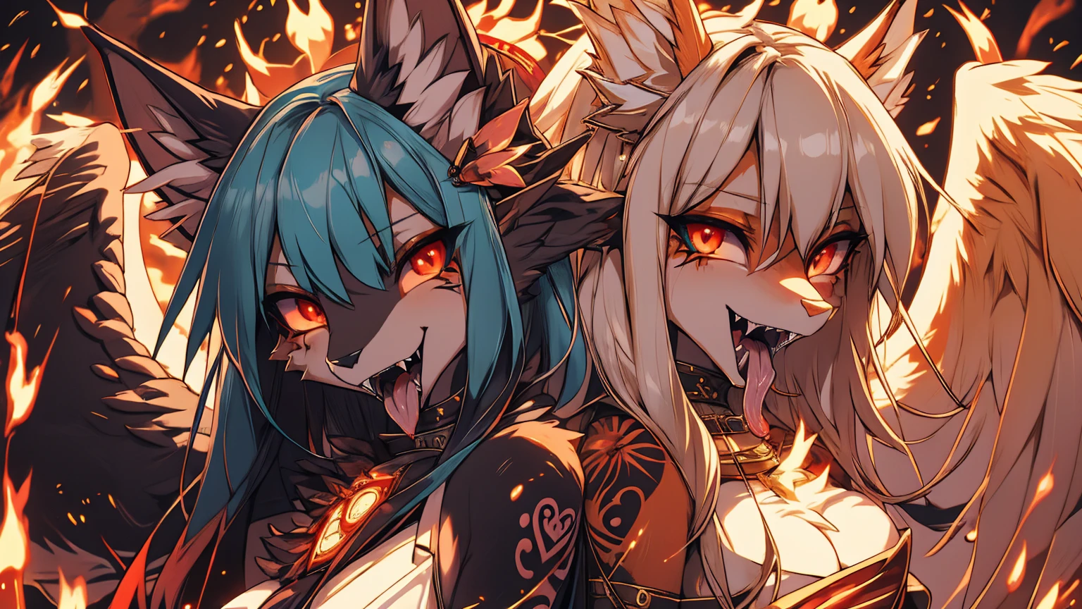 Two girls back to back, duality good and evilMiku Hatsune, add high definition_detail:1, blue fur,kitsune ears, tribal tattoo add_detail:1, in hell add_detail, diabolic girl, batwigns add_detail Ferocious fangs, sharp fangs, Demon yokai kitsune, long snake tongue add_detail:1. Dualidad hatsume miku add high definition_detail:1 , blue fur, slave dd kitsune, angelic girl, angel girl add_detail:1