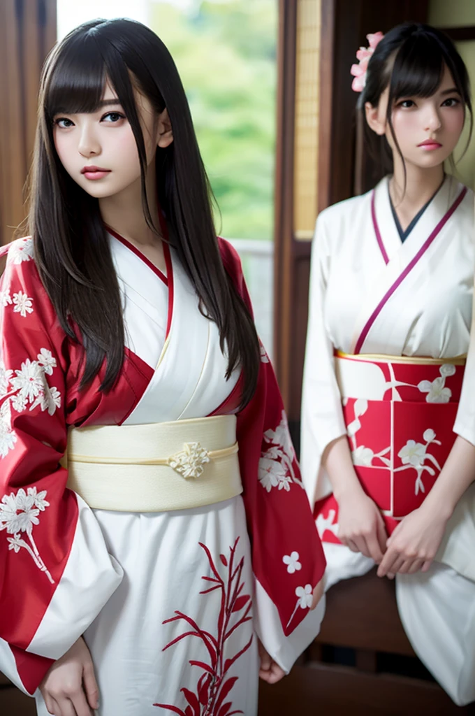 Highest quality, masterpiece, Ultra-high resolution,Very detailed、8Kのmasterpiece、Beauty、Super Beauty、The beauty of raw photography、 (Realistic: 1.4), RAW Photos, 30-year-old woman、Black Hair、slender、Narrow waist、、Height: 155cm、Large Breasts、非常にLarge Breasts、Burstingly Big Breasts、Wearing a white kimono、Japanese Kimono、Brightly embroidered kimono、Chest、valley、Black garter belt、Black Thong、whole body、Embarrassed look、Inside the house