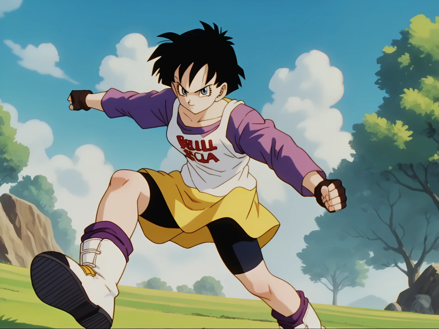 Videl, 1girl,  blue eyes, shadows,  blue eyes, short hair, spiked hair, white shirt, purple shirt,  masterpiece, best quality,  absurdres, perfect lighting, score_9,  score_8_up, score_7_up source_anime, fighting pose, fingerless gloves, bike shorts, open field, trees, rocks, looking at viewer, scratches source_anime, score_9, score_8_up, score_7_up, anime screencap,8k, absurd res,
videl, 1girl, solo, looking at viewer, short hair, blue eyes, shirt, black hair, long sleeves, boots, outdoors, sky, day, cloud, blue sky, clothes writing, yellow dress, white footwear, text print, spiked hair, v-shaped eyebrows, from below, dress over shirt, clenched hands, blue shirt, black tights, print dress, midair, floating, 
 