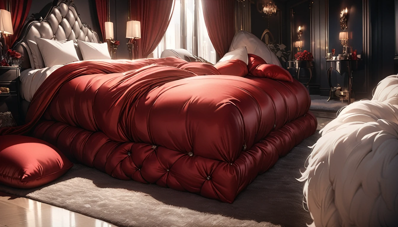 A fluffy red silk feather duvet, many huge silk body pillows, a luxurious and fluffy red silk bed, red silk sheets, 8k, best quality, high detailed, photorealistic, dramatic lighting, warm tones, luxurious, soft, plush, velvet, satin, velvety textures, elegant, sophisticated, premium, lavish, opulent, sumptuous, indulgent, exquisite, refined, lush,