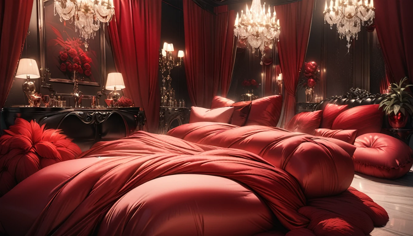 A fluffy red silk feather duvet, many huge silk body pillows, a luxurious and fluffy red silk bed, red silk sheets, 8k, best quality, high detailed, photorealistic, dramatic lighting, warm tones, luxurious, soft, plush, velvet, satin, velvety textures, elegant, sophisticated, premium, lavish, opulent, sumptuous, indulgent, exquisite, refined, lush, 