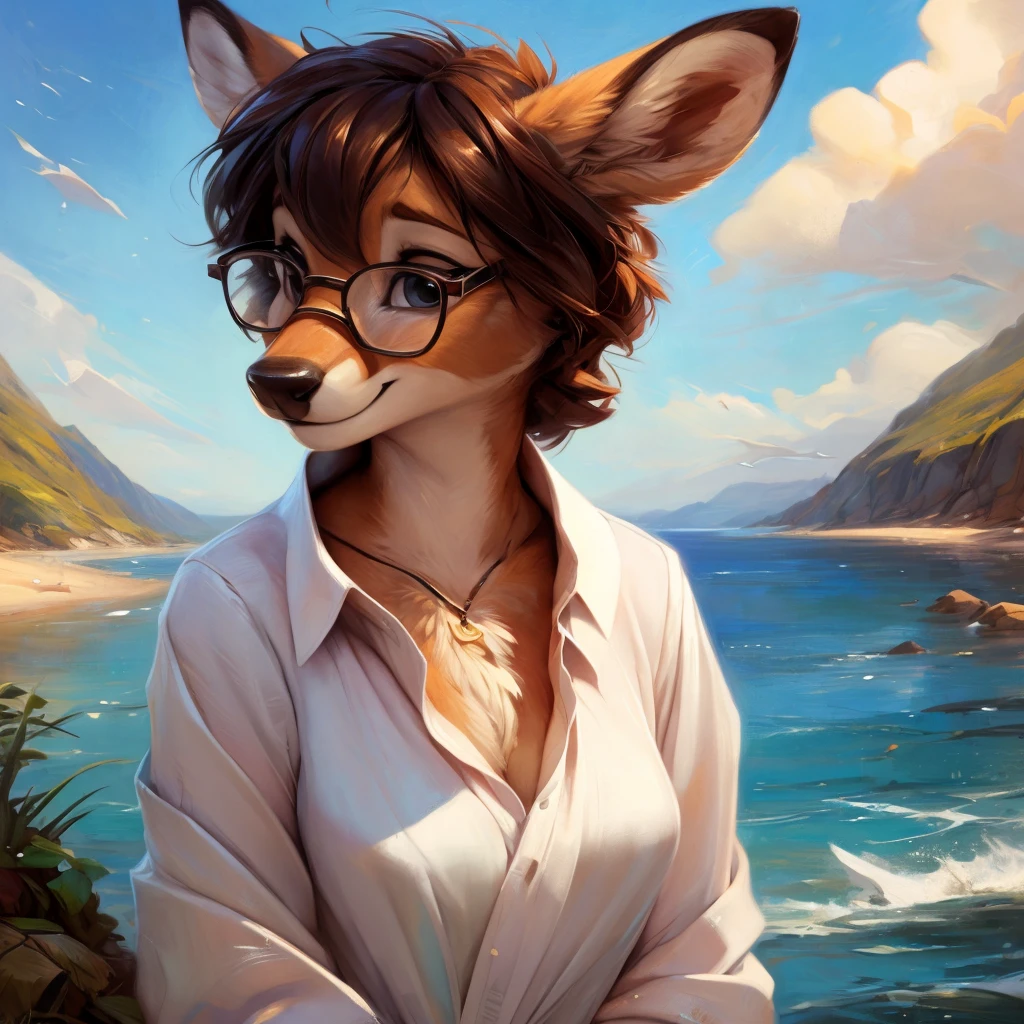 uploaded on e621, by Pixelsketcher, by Bayard Wu, by Thomas Benjamin Kennington , by Einshelm, by hioshiru and kenket, Chunie, portrait, solo anthro female deer doe, with small featureless breasts, clear dark blue, cinematic lighting, day, sunny day, beach, stays in the sea, sea background, mediterranean background, horizon background, shiny, short curly dark brown hair, wears big black nerd glasses, very very beautiful furry art, furry art, smiling, joyful, shiny, happy, feminine, cute face, muzzle, fluffy chest, flawless face, Fallow deer, 1girl, Sakimichan is beautiful, Masterpiece, Wavethesallow Face, shiny, Detailed image, portrait, Detailed image, portrait, full body, wearing wide, long, white blouse, shiny, realistic face, perfect anatomy, hourglass body, (furry body:1.1), anthropomorphic deer, small fluffy tail, detailed background, (cute anatomy:1.1), windy, smiling, very happy, happy