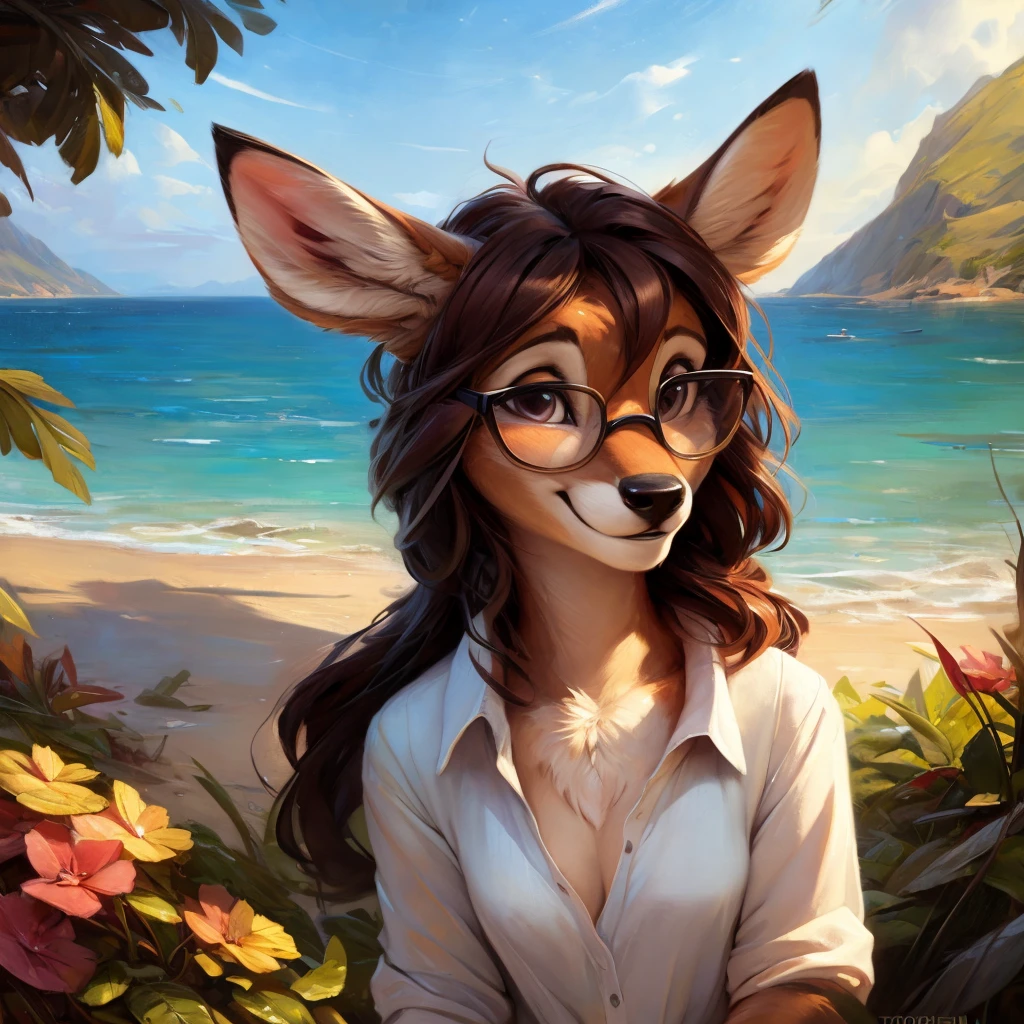 uploaded on e621, by Pixelsketcher, by Bayard Wu, by Thomas Benjamin Kennington , by Einshelm, by hioshiru and kenket, Chunie, portrait, solo anthro female deer doe, with small featureless breasts, clear dark blue, cinematic lighting, day, sunny day, beach, stays in the sea, sea background, mediterranean background, horizon background, shiny, short curly dark brown hair, wears big black nerd glasses, very very beautiful furry art, furry art, smiling, joyful, shiny, happy, feminine, cute face, muzzle, fluffy chest, flawless face, Fallow deer, 1girl, Sakimichan is beautiful, Masterpiece, Wavethesallow Face, shiny, Detailed image, portrait, Detailed image, portrait, full body, wearing wide, long, white blouse, shiny, realistic face, perfect anatomy, hourglass body, (furry body:1.1), anthropomorphic deer, small fluffy tail, detailed background, (cute anatomy:1.1), windy, smiling, very happy, happy
