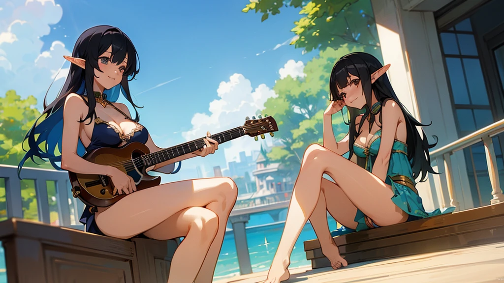 Anime Style,Swimwear,Detailed background,Magical World,A lively balcony with many people,A beautiful elf bard with black hair and a smile,guitar,Big cleavage,Healthy thighs,Underarm,Barefoot