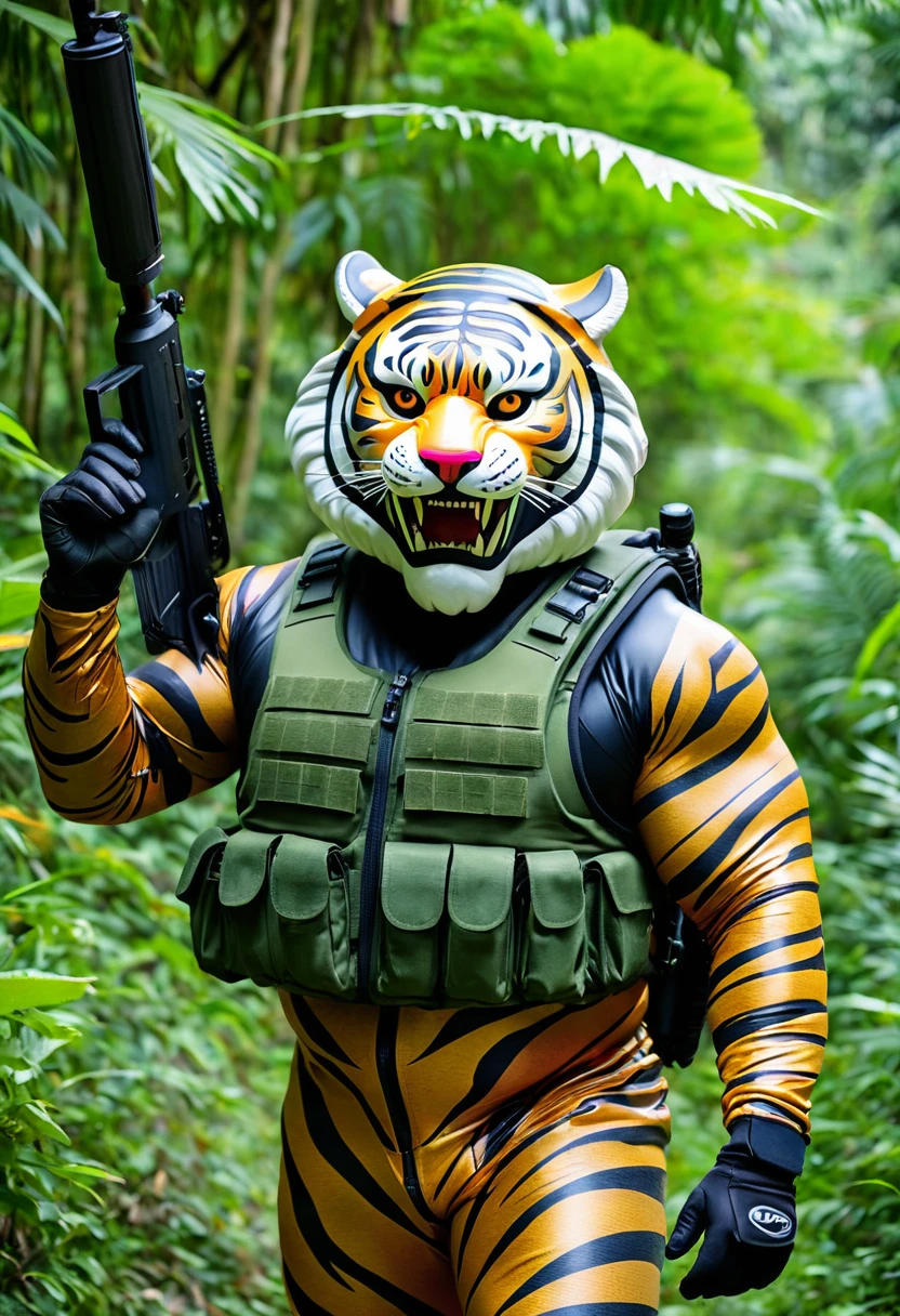 (a dark-skinned fat muscular old man in a bulky army camouflage zipper diver suit) (wearing realistic roaring siberian tiger mask that show the wearer eyes) thumbs up, carrying sniper rifle on his back, patrolling, muscular, toned muscles, imposing stature, Basuki Abdullah, sumatraism, action, a character portrait, heroic, fierce, snarling, jungle