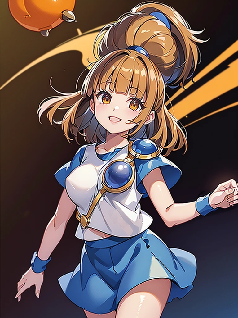 (Arle Nadja from puyopuyo), 1girl, ((((darkorange hair)))), high ponytail, (((((Blunt bangs))))), ((((small tits)))), (golden eyes), ((white T-shirt)), ((blue fluffy skirt)), (blue cloak), (Blue breastplate), Blue wristband, smile,
masutepiece, Best Quality, (the Extremely Detailed CG Unity 8K Wallpapers), (Best Quality), (Best Illustrations), (Best Shadows), Isometric 3D, Octane Rendering, Ray tracing, super detailed,castle town