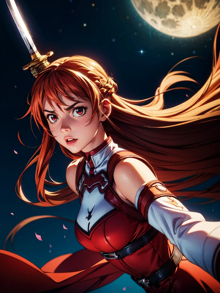 (best quality, masterpiece, highres:1.2), intense long red hair, (Asuna Yuuki), (sword art online) yuuki asuna, (ultrahigh resolution textures), in dynamic pose,(intricate details), moonlight passing through hair, perfect night, fantasy background, (official art), sultry look, seductive,