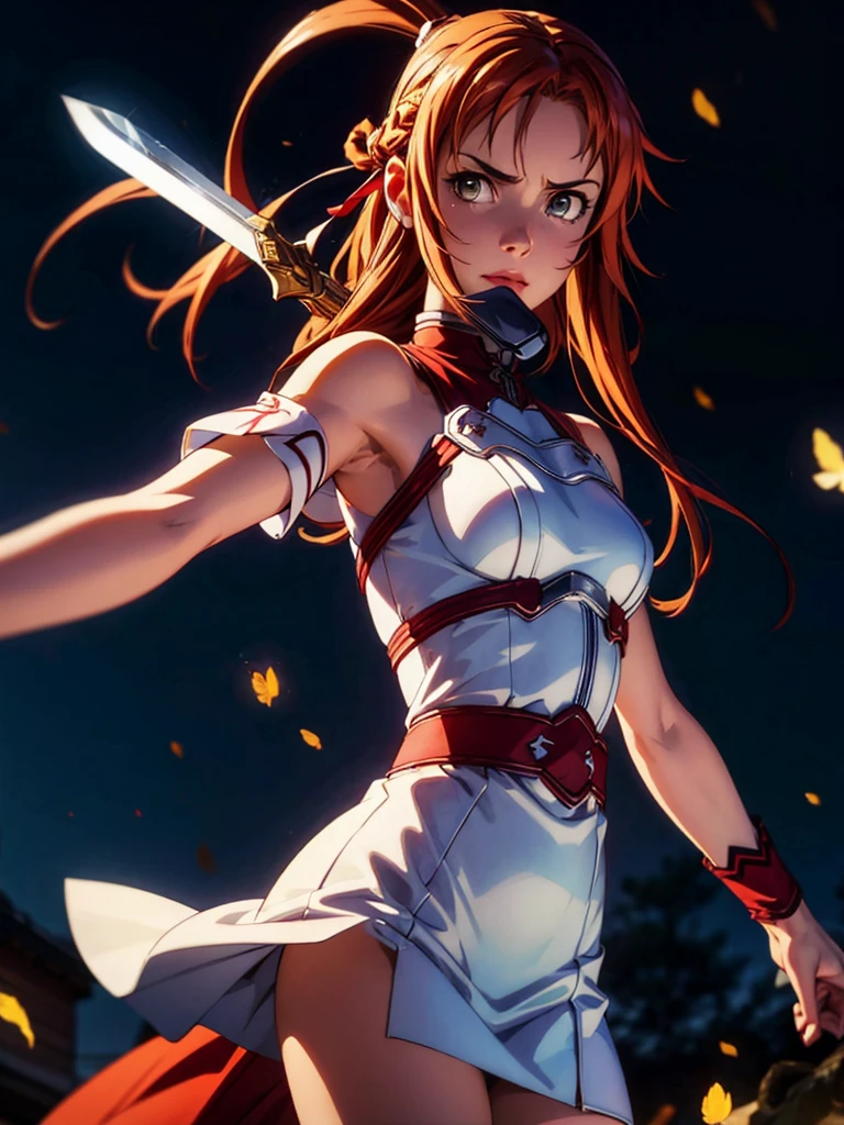 (best quality, masterpiece, highres:1.2), intense long red hair, (Asuna Yuuki), (sword art online) yuuki asuna, (ultrahigh resolution textures), in dynamic pose,(intricate details), moonlight passing through hair, perfect night, fantasy background, (official art), sultry look, seductive,