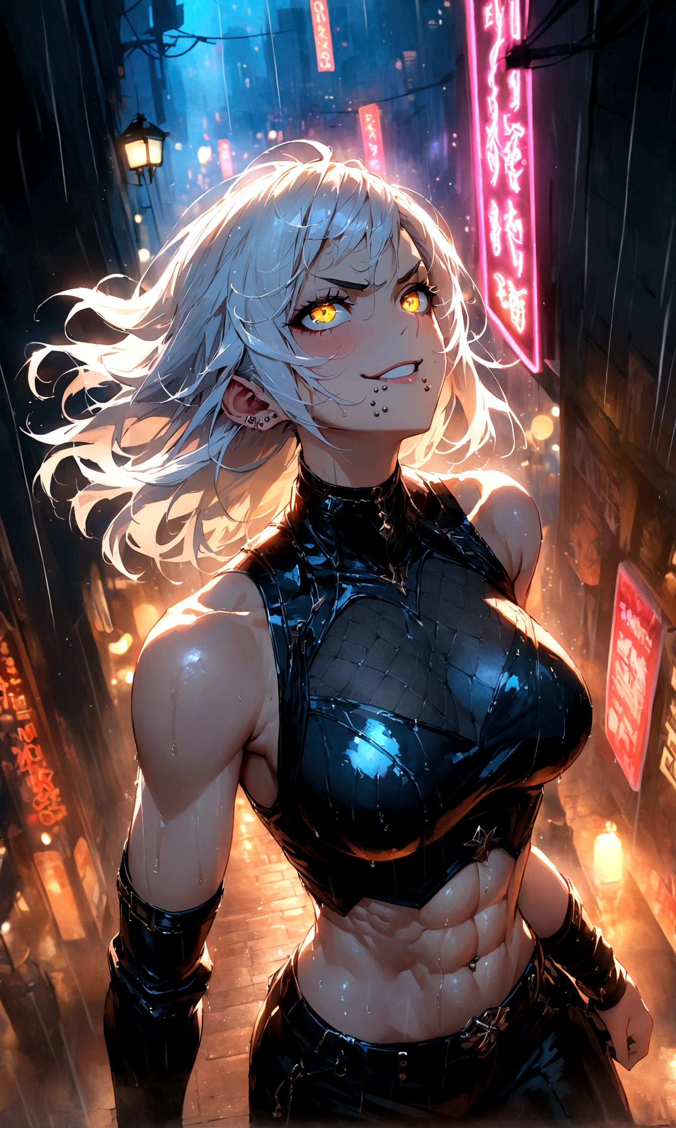 anime women, dark outfit with red and blue details, white hair, (golden dragon eyes) standing in a rain soaked, city street at night, cinematic lighting (best quality:1.2)detailed, neon lights, vivid colors,bokeh, angry looking face with smirk on mouth, piercing, ABS, (looking up), ((face piercing)), gaze, 4k, particles in the air, powers, amazing art work full of details, dynamic movement