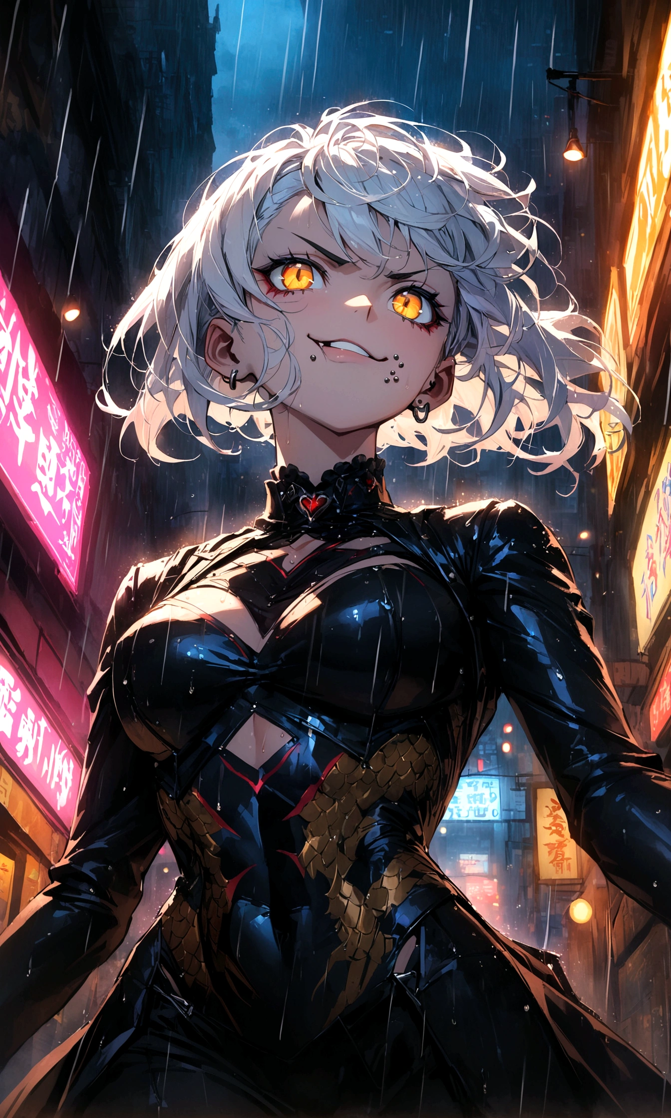 anime women, dark outfit with red and blue details, white hair, (golden dragon eyes) standing in a rain soaked, city street at night, cinematic lighting (best quality:1.2)detailed, neon lights, vivid colors,bokeh, angry looking face with smirk on mouth, piercing, ABS, (looking up), ((face piercing)), gaze, 4k, particles in the air, powers, amazing art work full of details, dynamic movement
